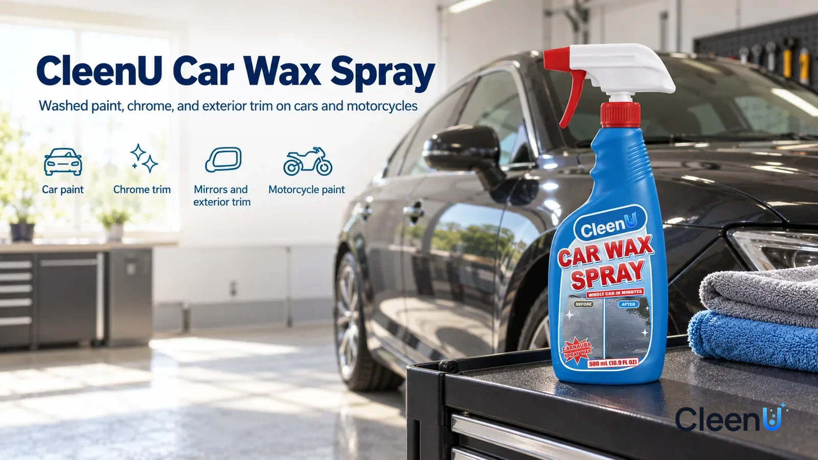 Illustration: CleenU Car Wax Spray — A bright, tidy garage, a dark sedan (no badge, no plate showing) with glossy paint and clear reflections