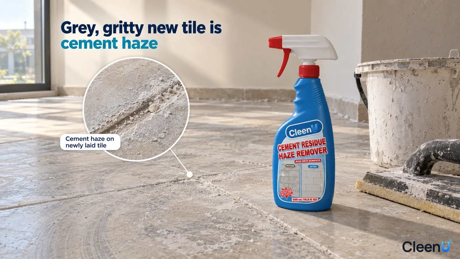 Illustration: Gray-white cement haze on new floor tiles beside a blue cleaner bottle and construction bucket.