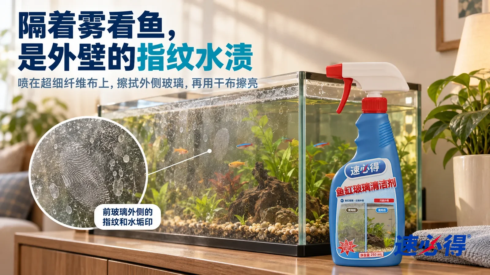 示意图：速必得鱼缸玻璃清洁剂——客厅里一个水草鱼缸（无品牌标志）放在矮柜上，几条小鱼在水草间游，侧光斜照下前玻璃外侧满是指纹、手掌印和干掉的水渍点，上沿外侧一圈白色水垢印，标题“隔着雾看鱼，是外壁的指纹水渍”