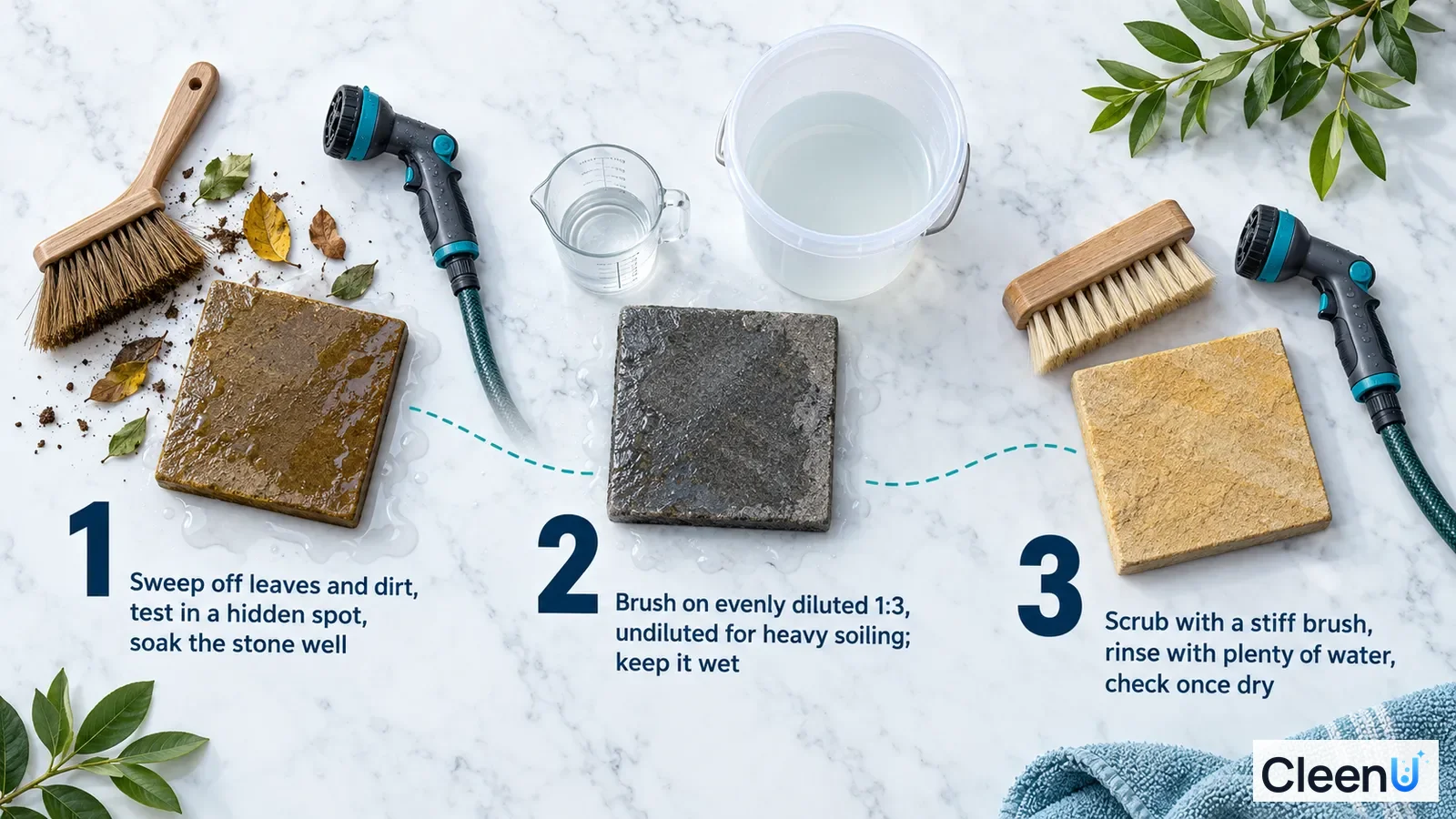 Illustration: Brushes, hose nozzles, basin and stone samples in different conditions with numbered steps.