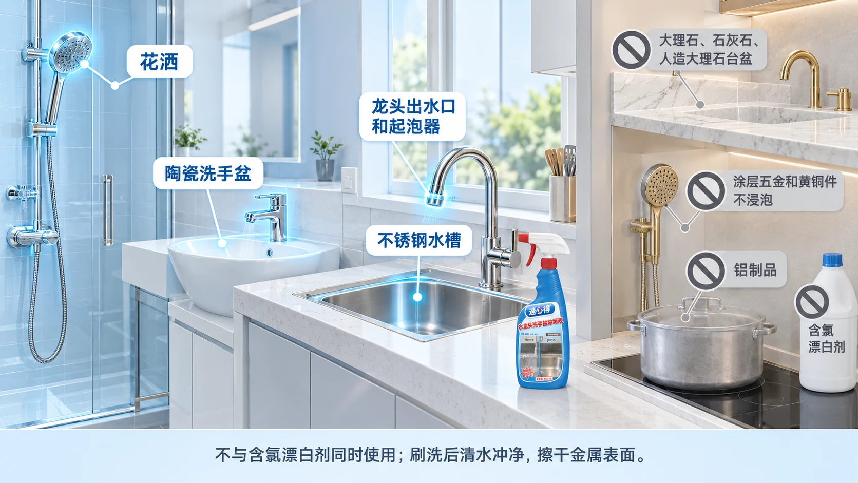 示意图:水龙头、水槽、洗手盆和花洒被突出显示,旁列材质使用注意事项。