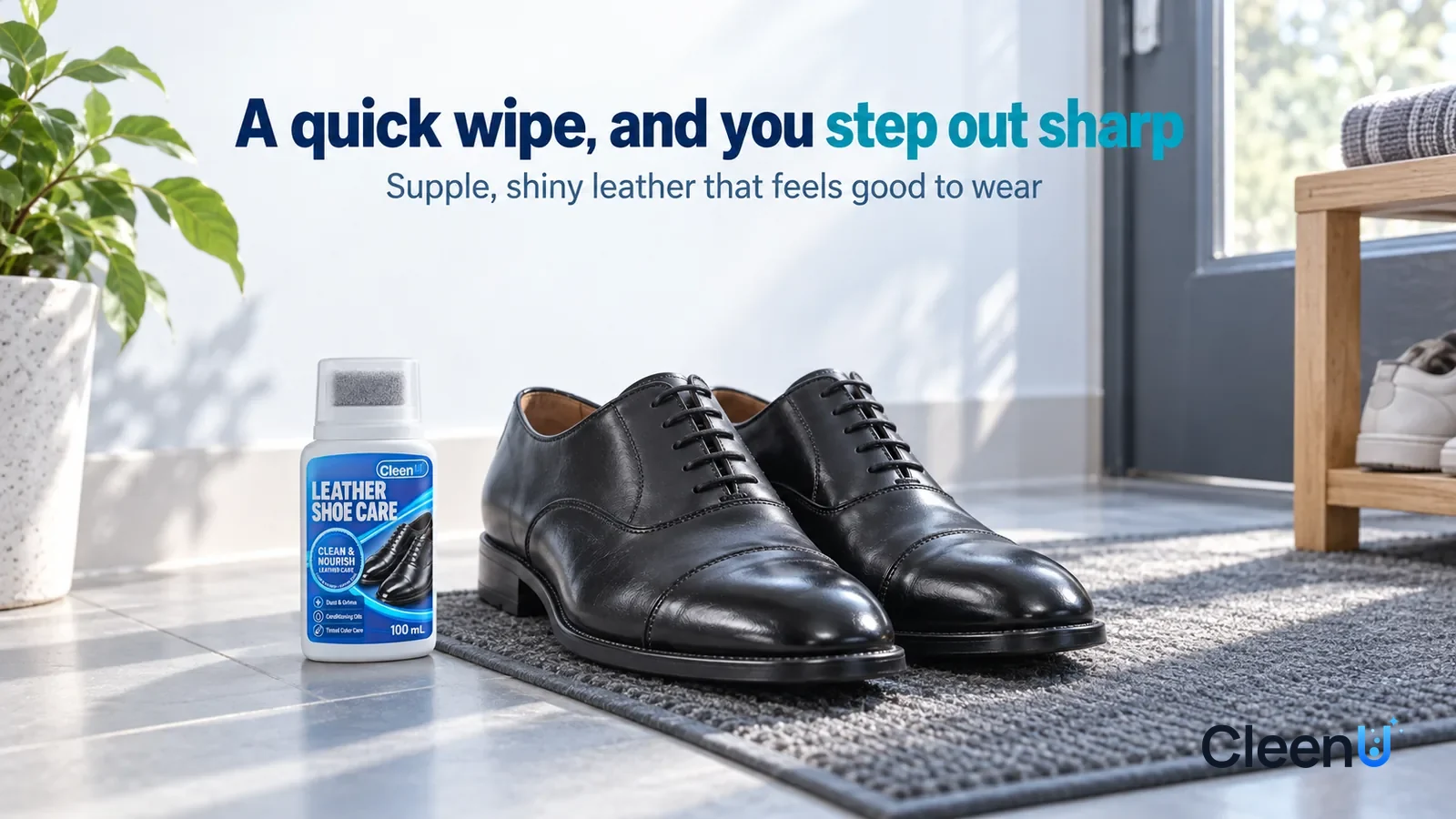 Illustration: CleenU Leather Shoe Care — A bright early-morning entryway, a pair of polished black leather shoes (no brand marks) neatly set on the mat Headline: "A quick wipe, and you step out sharp"
