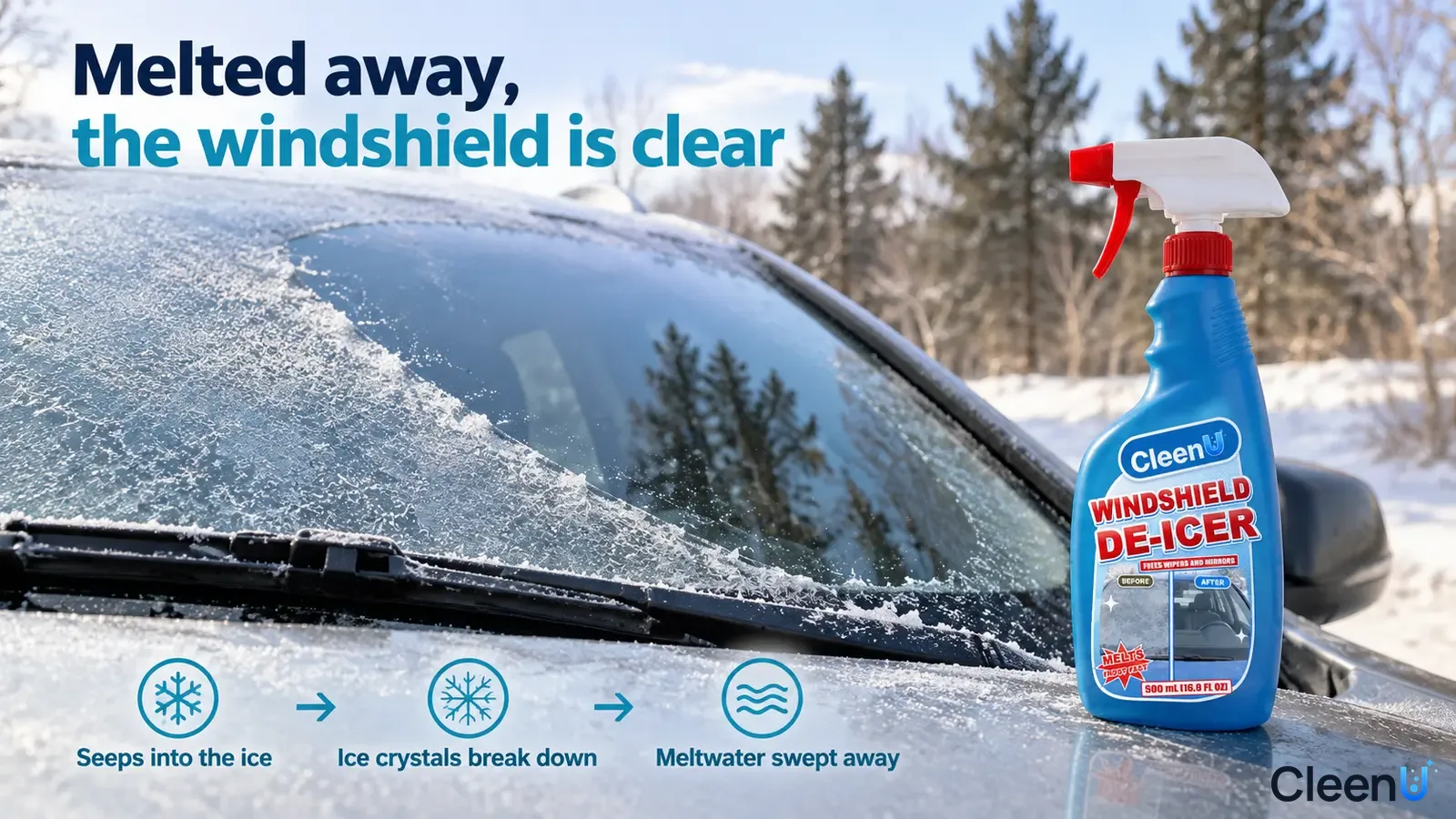 Illustration: Frosted and clearer areas on a car windshield beside a blue bottle.