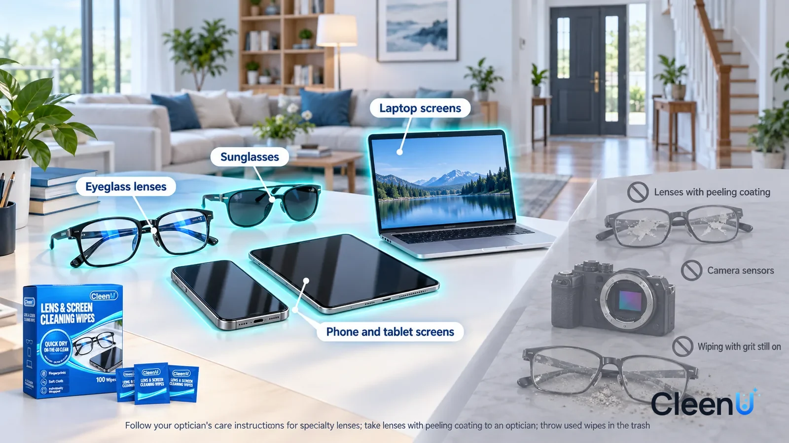Illustration: CleenU Lens & Screen Cleaning Wipes — A realistic 3D cutaway of a bright home's study, living room, and entryway, one continuous space from one viewpoint