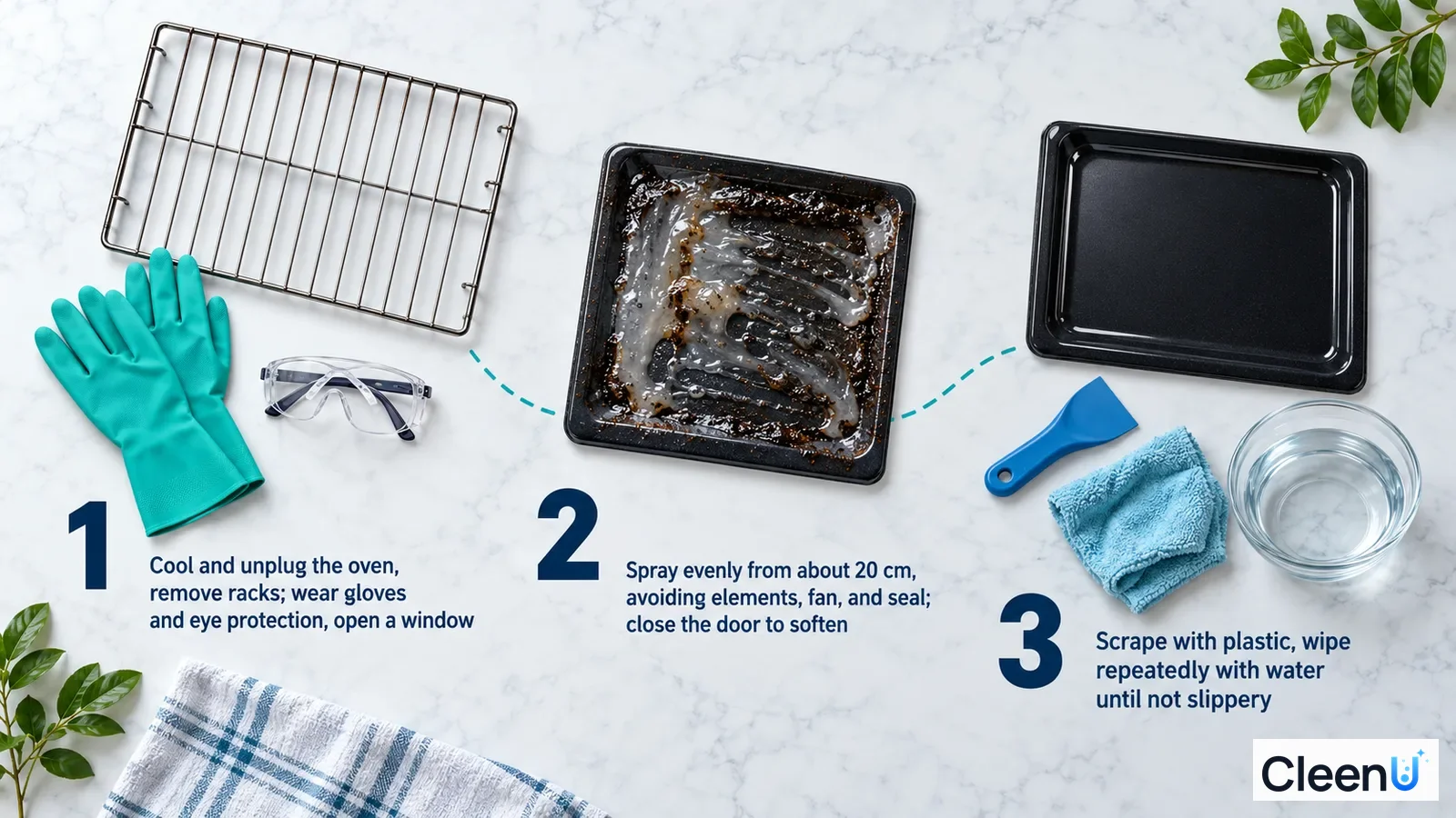 Illustration: Protective gloves, goggles, oven rack, dirty tray, scraper and cloth with numbered steps.