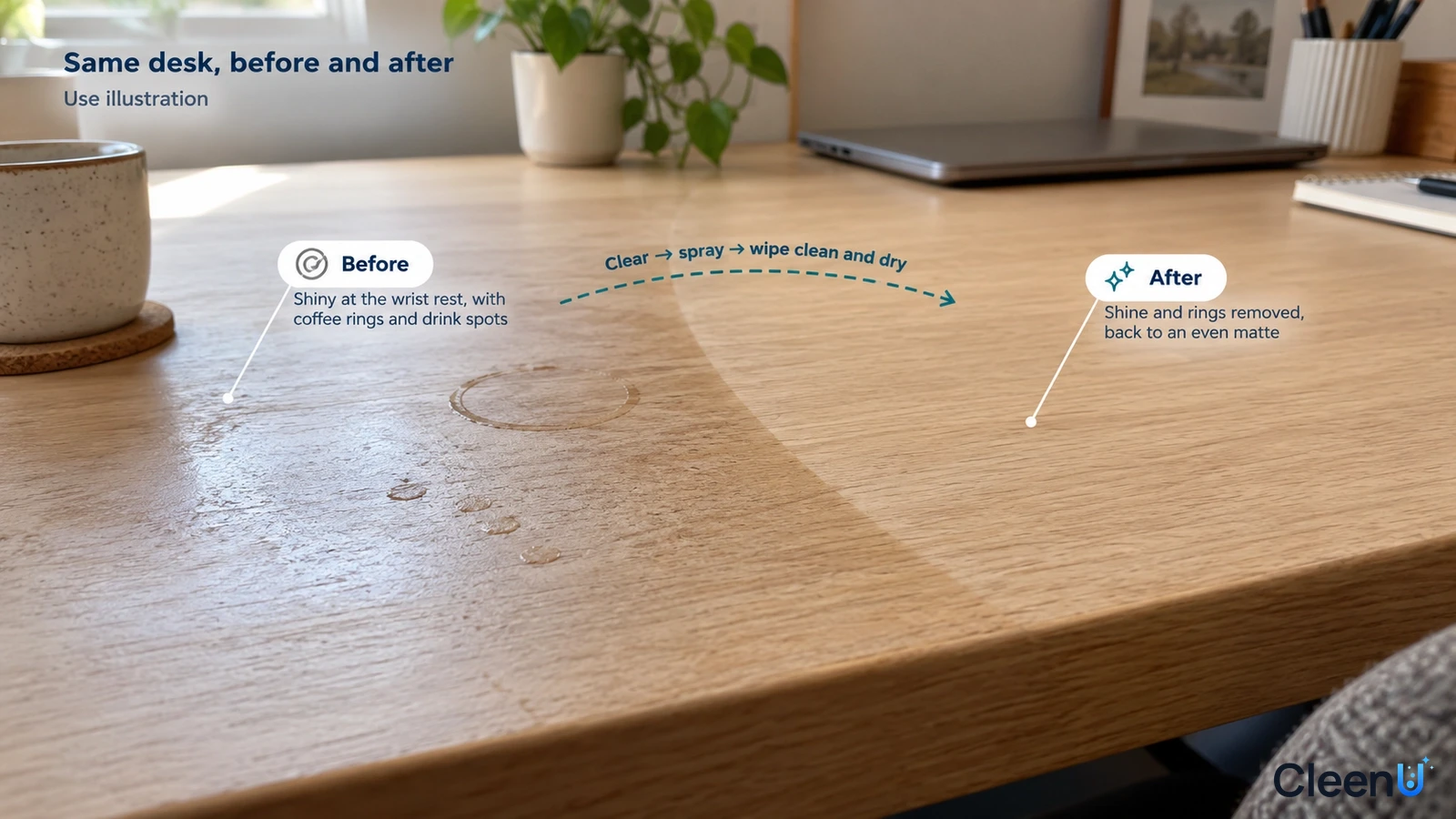 Illustration: Cup rings and handprints beside a clearer wooden desktop area; not a measured cleaning test.
