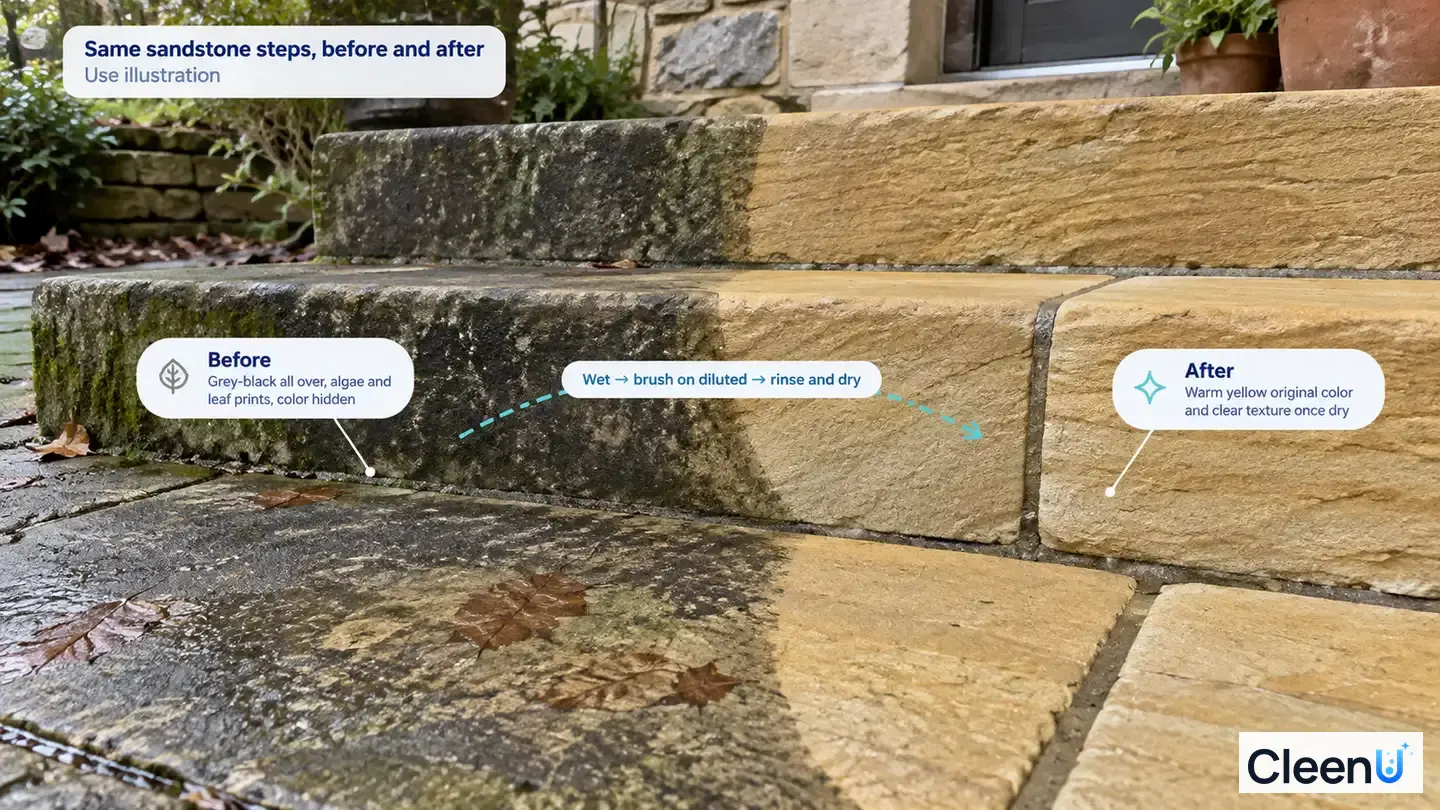 Illustration: Gray-black grime beside warm yellow stone on steps; not a measured cleaning test.
