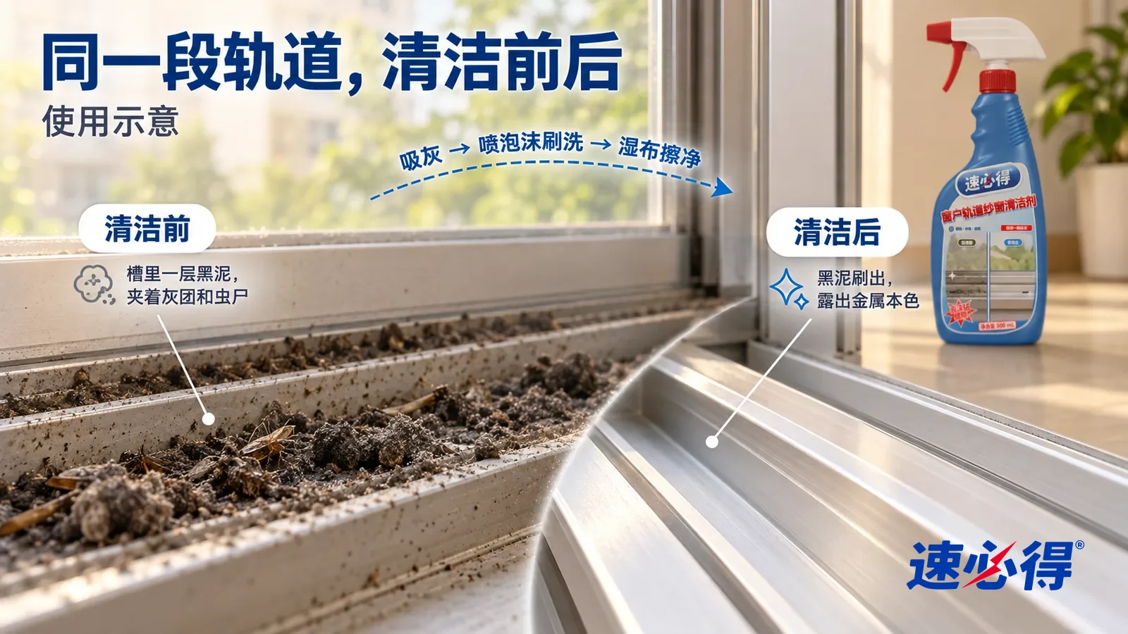 示意图:速必得窗户轨道纱窗清洁剂——整屏一段铝合金推拉窗下轨道的低角度大近景,从室内拍,同一侧光,不出现人:没处理的一侧槽里一层发黑结块的黑泥
