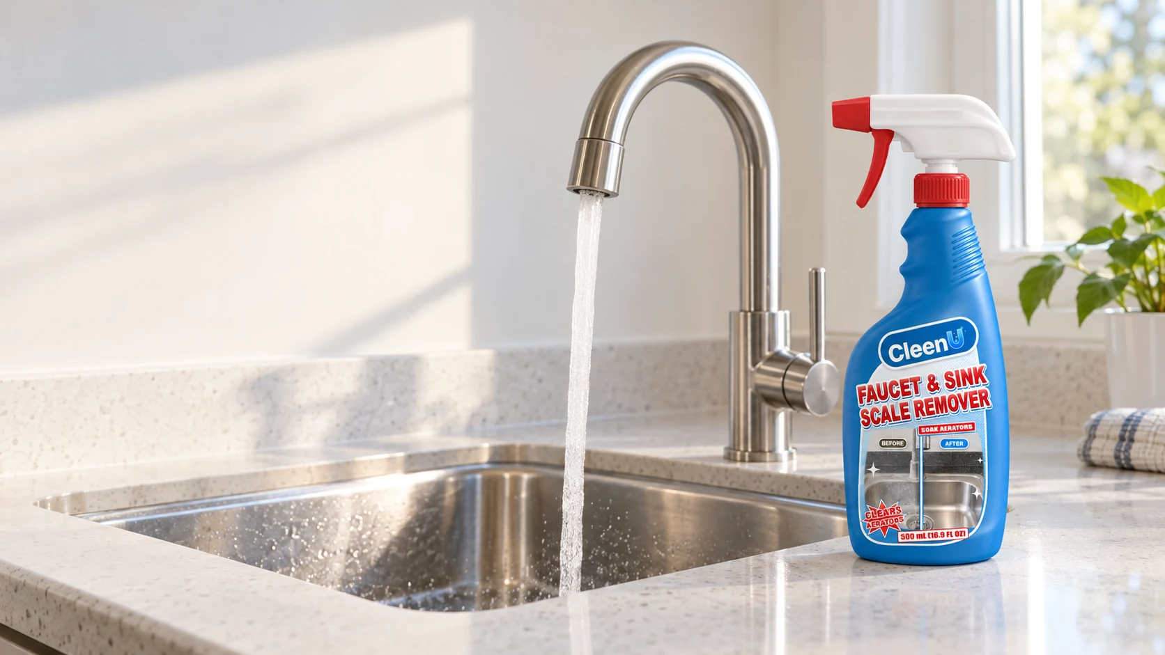 Illustration: A blue descaler bottle beside a kitchen sink and chrome faucet.