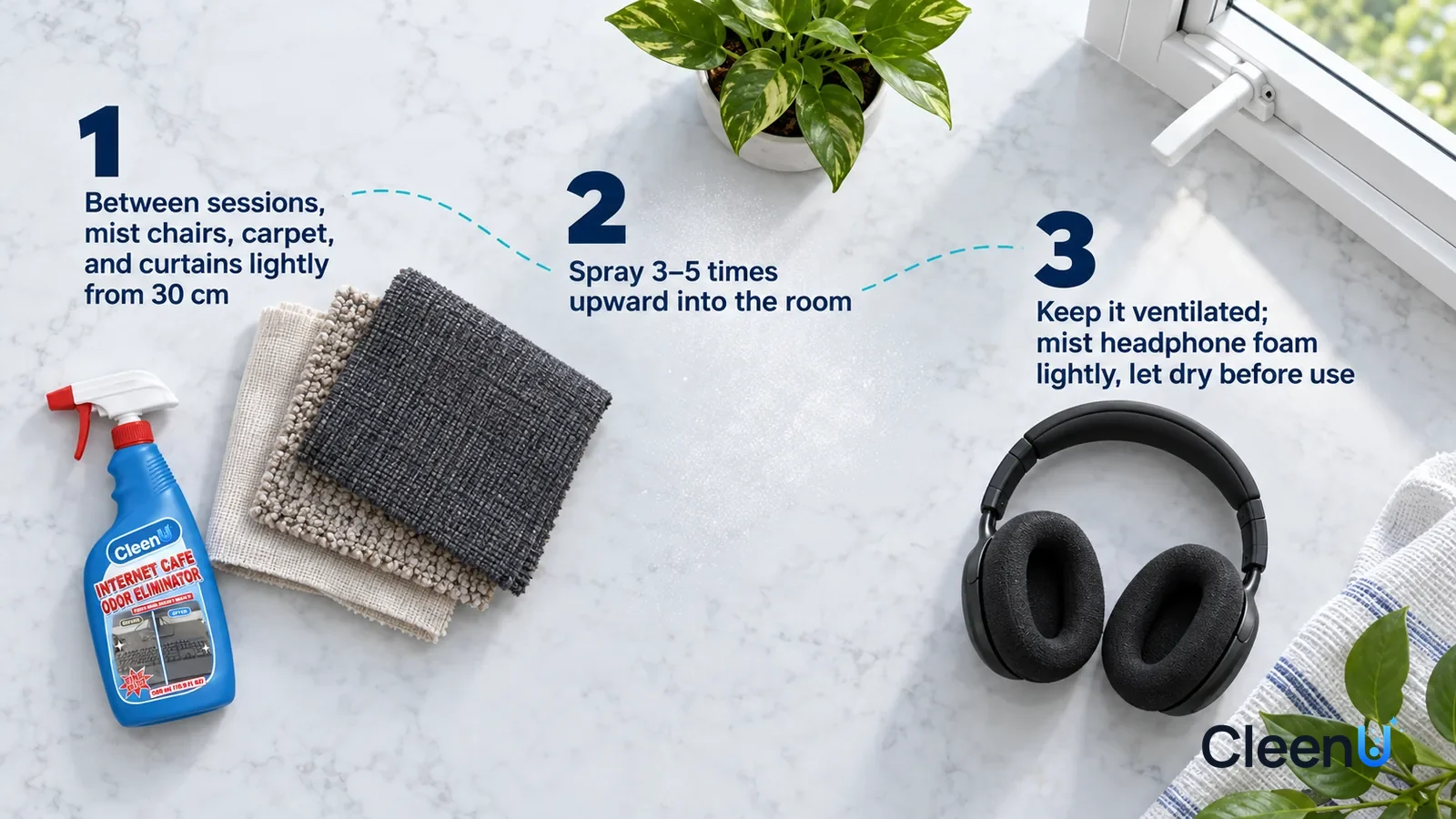 Illustration: CleenU Internet Cafe Odor Eliminator — an overhead shot straight down onto a light marble tabletop, no bottle and no hands: (1) three stacked fabric swatches: dark grey seat fabri