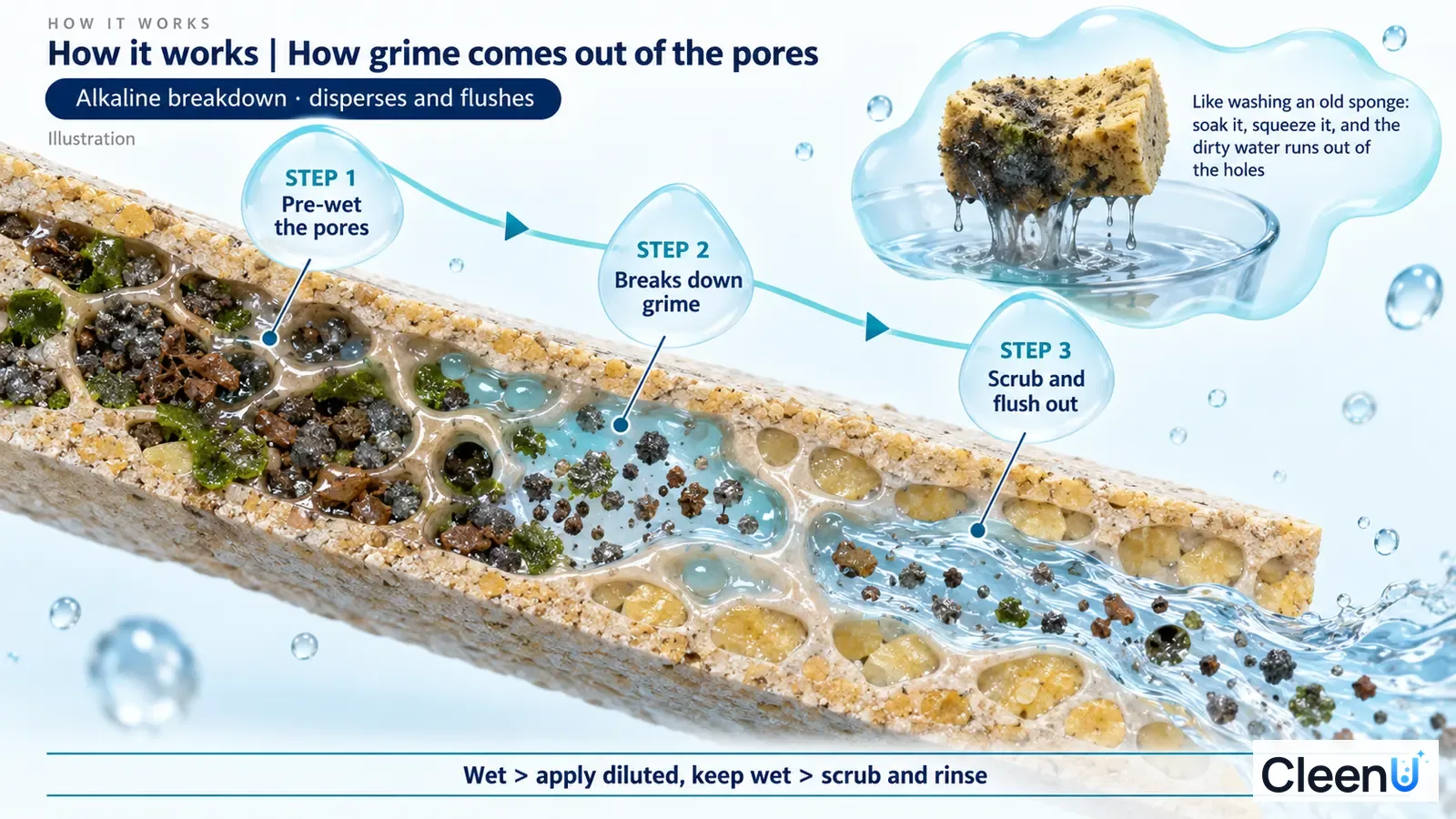 Illustration: A stone pore cross-section with dark grime particles, drops and water.