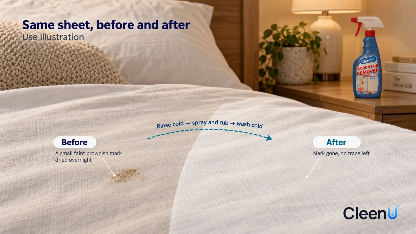 Illustration: CleenU Blood Stain Remover — A full-screen low-angle close-up of a light-colored cotton sheet in the same soft light: the untreated side has a coin-sized faint brownish