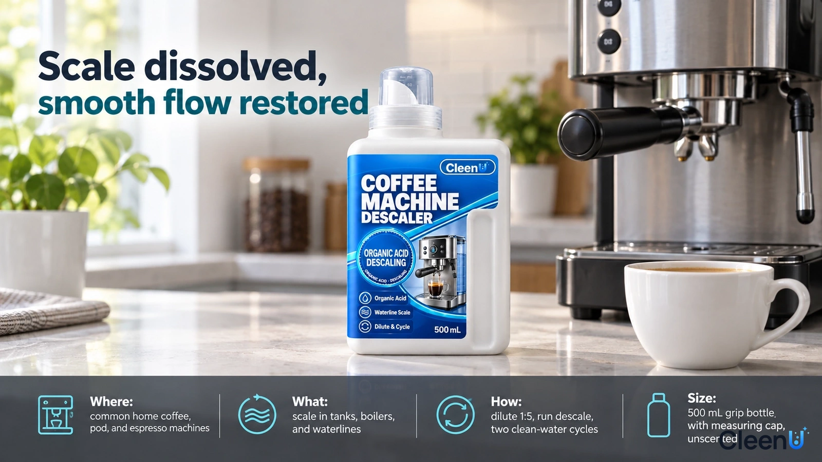 Illustration: A blue-and-white descaler bottle beside a coffee machine, white cup and clear water tank.