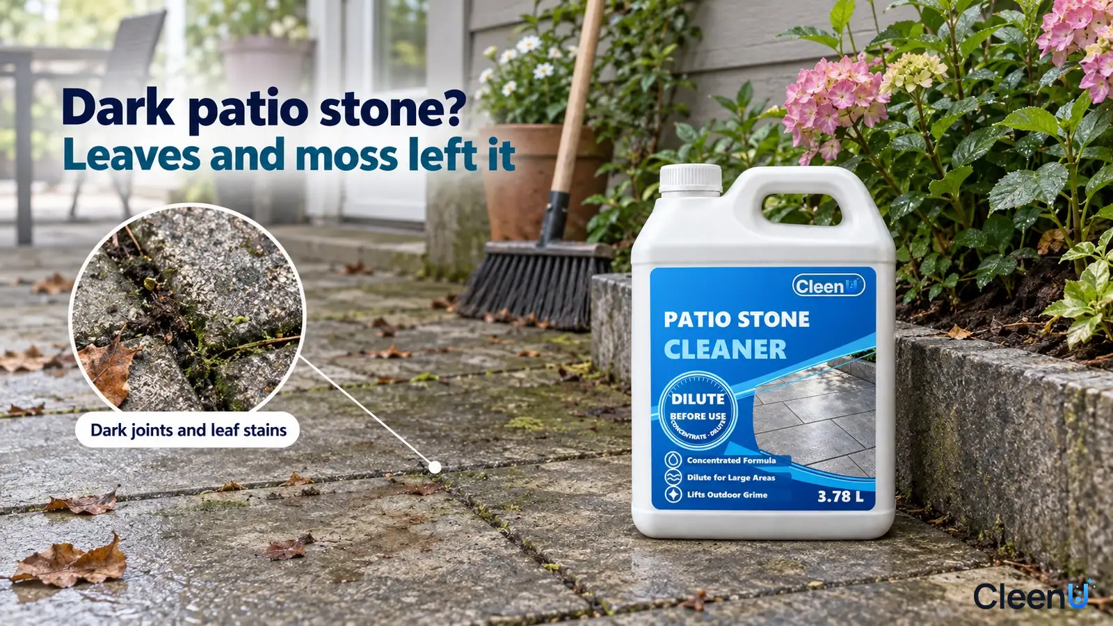 Illustration: Dark soil and leaves on patio stones and joints beside a white cleaner jug.