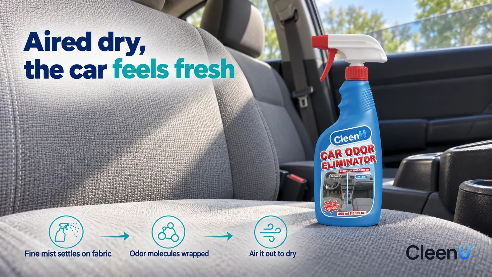 Illustration: CleenU Car Odor Eliminator — morning light falls on dry, tidy grey fabric seats, the weave clearly visible, the cabin clean