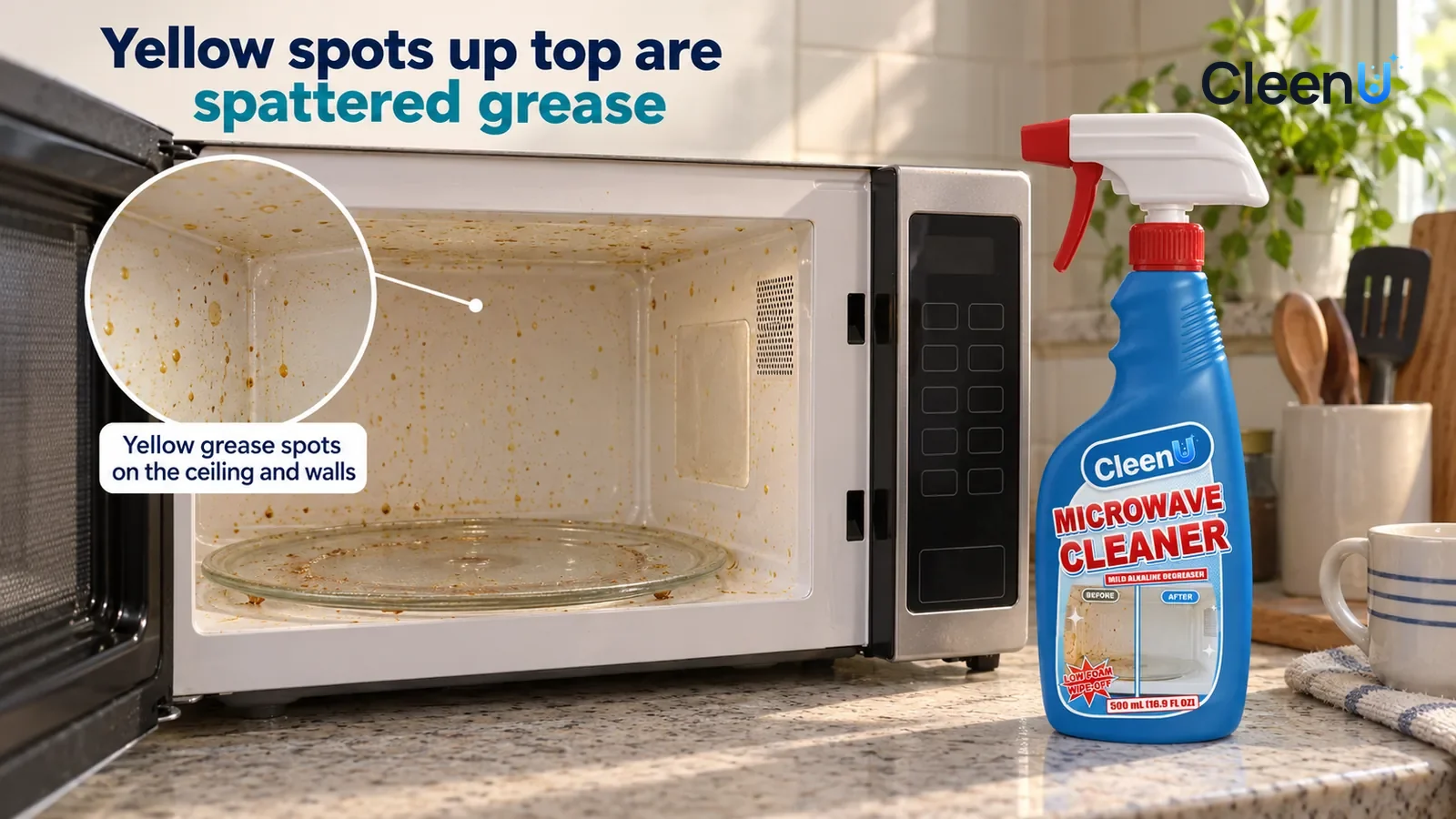 Illustration: CleenU Microwave Cleaner — A home microwave with a white interior (no brand marks) on an everyday kitchen counter, unplugged