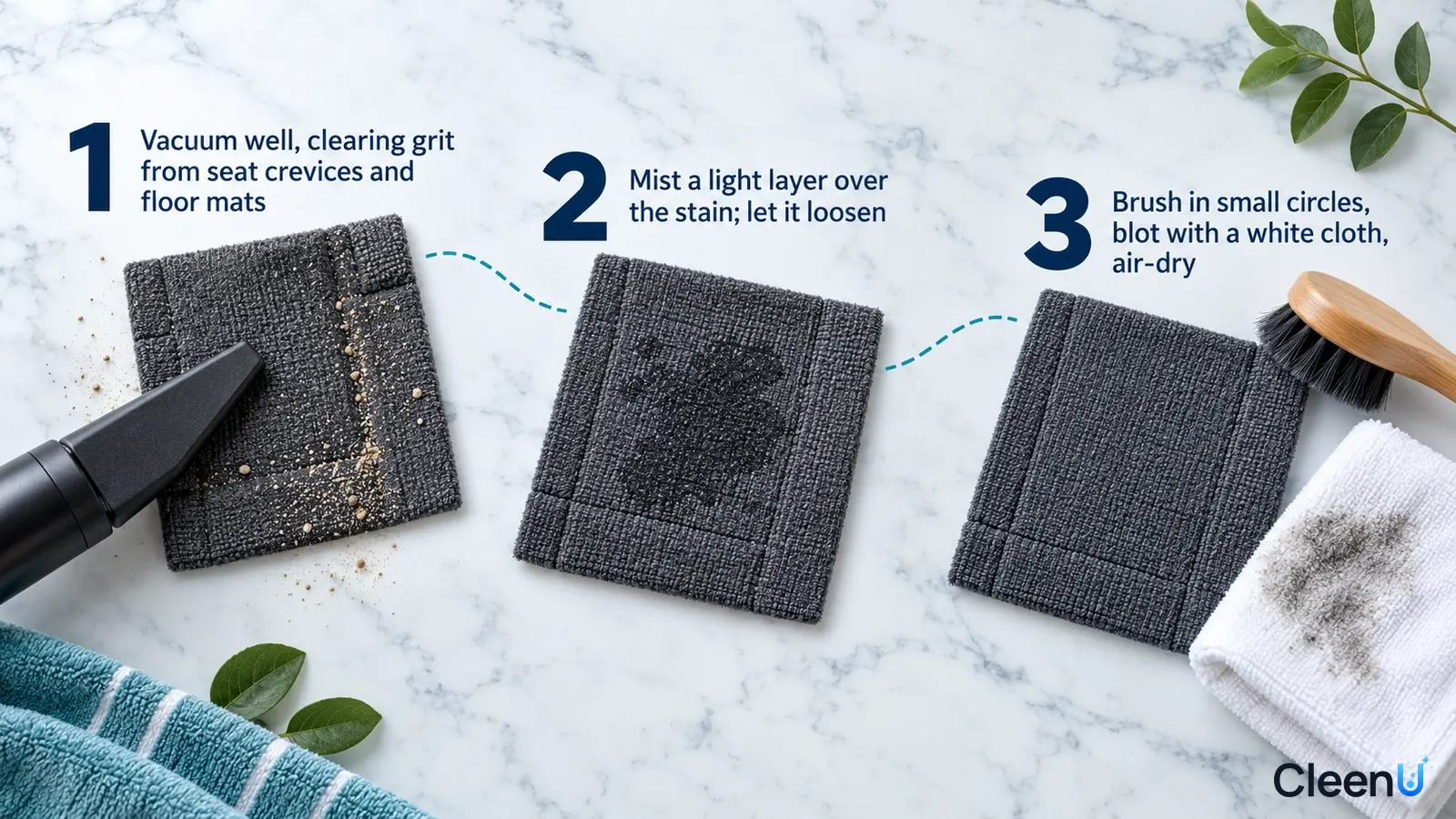 Illustration: Dark fabric samples, a vacuum nozzle, wooden brush and white cloth with numbered steps.