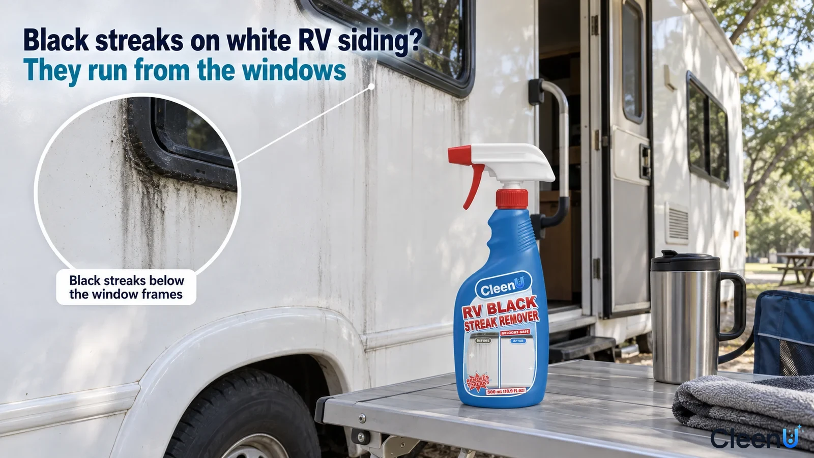 Illustration: Black streaks below windows on a white RV beside a blue cleaner bottle.