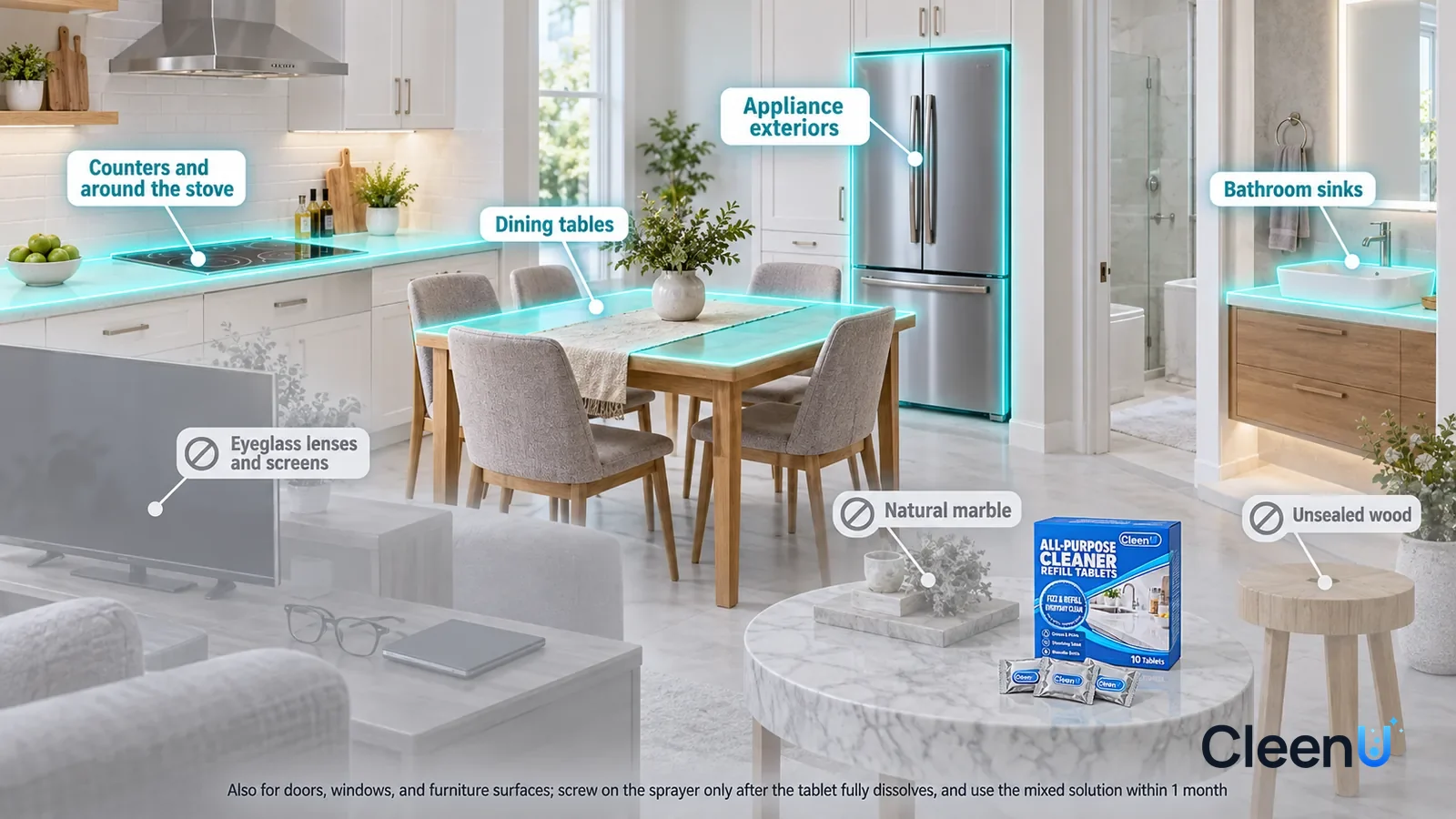Illustration: CleenU All-Purpose Cleaner Refill Tablets — A realistic 3D cutaway of a bright home's kitchen, dining room, and bathroom, one continuous space from one viewpoint