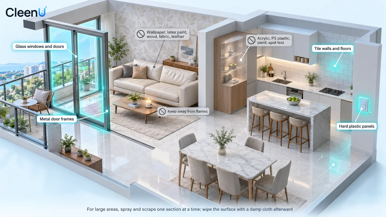 Cutaway home illustration highlighting windows, doors and tiled areas beside precaution icons.