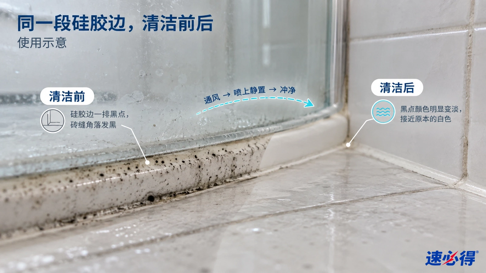 示意图:硅胶缝的黑色霉斑区域与较浅区域对照,非实测照片。