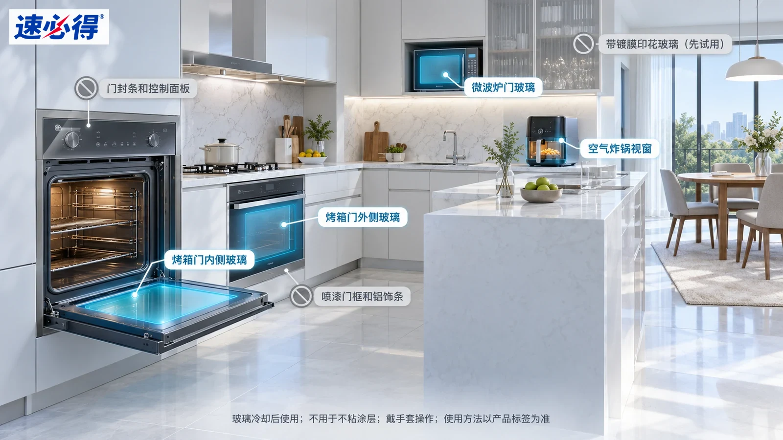 示意图:烤箱及台面电器的玻璃门被突出显示,旁列部件注意事项。