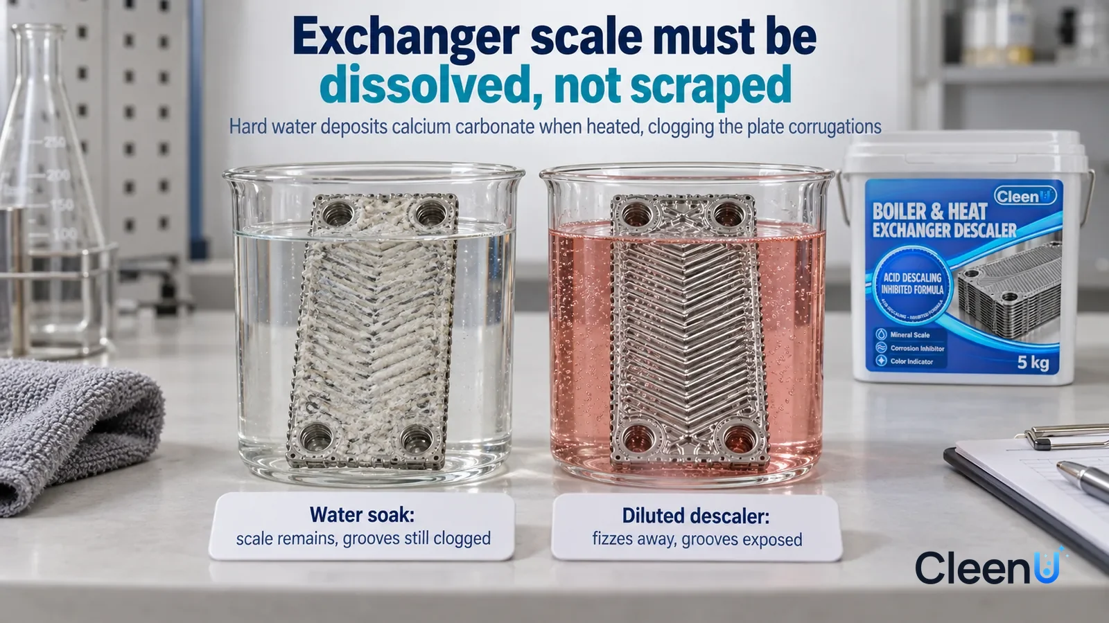 Illustration: CleenU Boiler & Heat Exchanger Descaler — A landscape medium close-up of a small experiment in a cleaning lab: two identical clear glass beakers side by side on a white test bench Headli