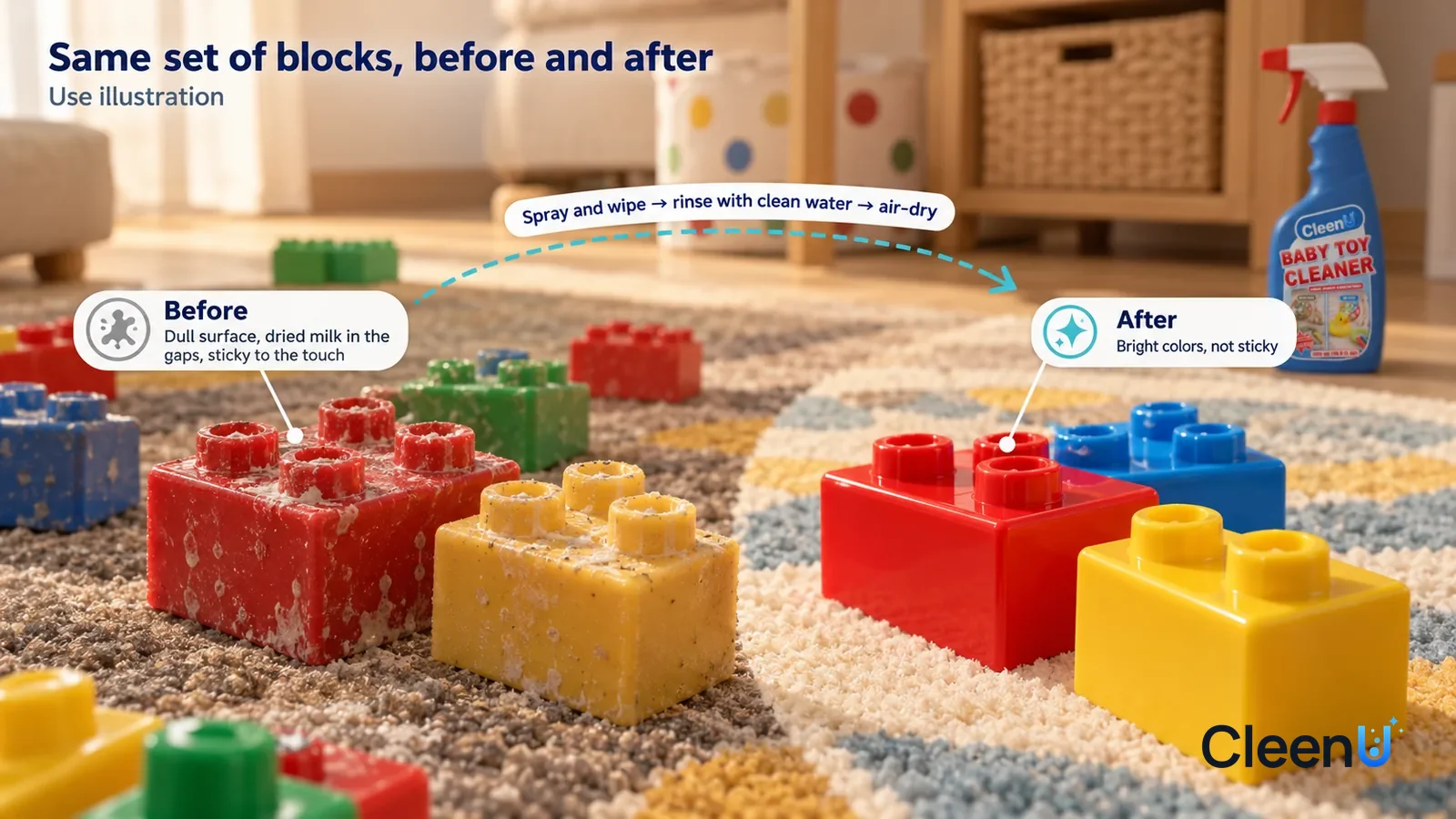 Illustration: CleenU Baby Toy Cleaner — A full-screen low-angle close-up of a set of colorful plastic blocks (unbranded) on a play mat