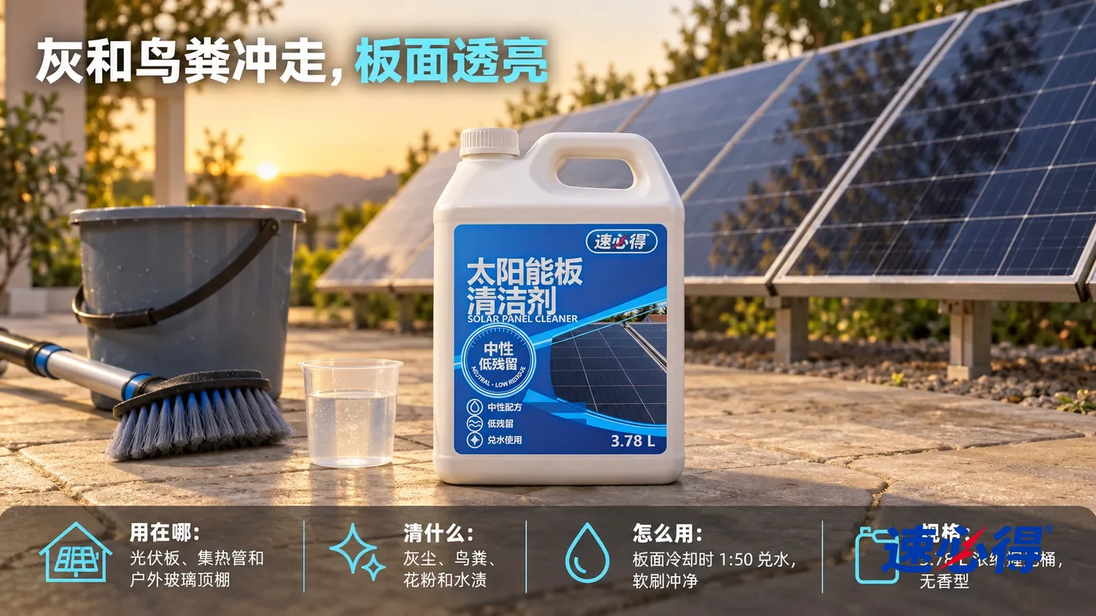 示意图：速必得太阳能板清洁剂——同一后院、齐腰高地面支架、深蓝电池片和银色栅线；清晨或傍晚板面冷却后操作，所有位置从地面可及