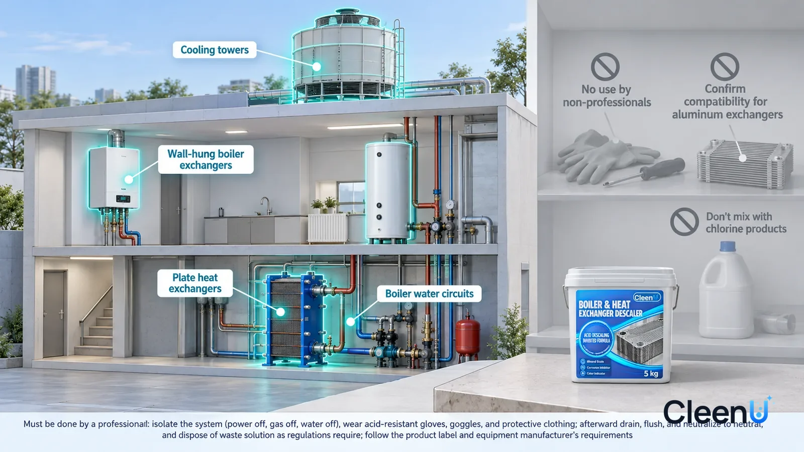 Illustration: CleenU Boiler & Heat Exchanger Descaler — A realistic 3D cutaway of a bright small mixed-use building, one continuous space from one viewpoint