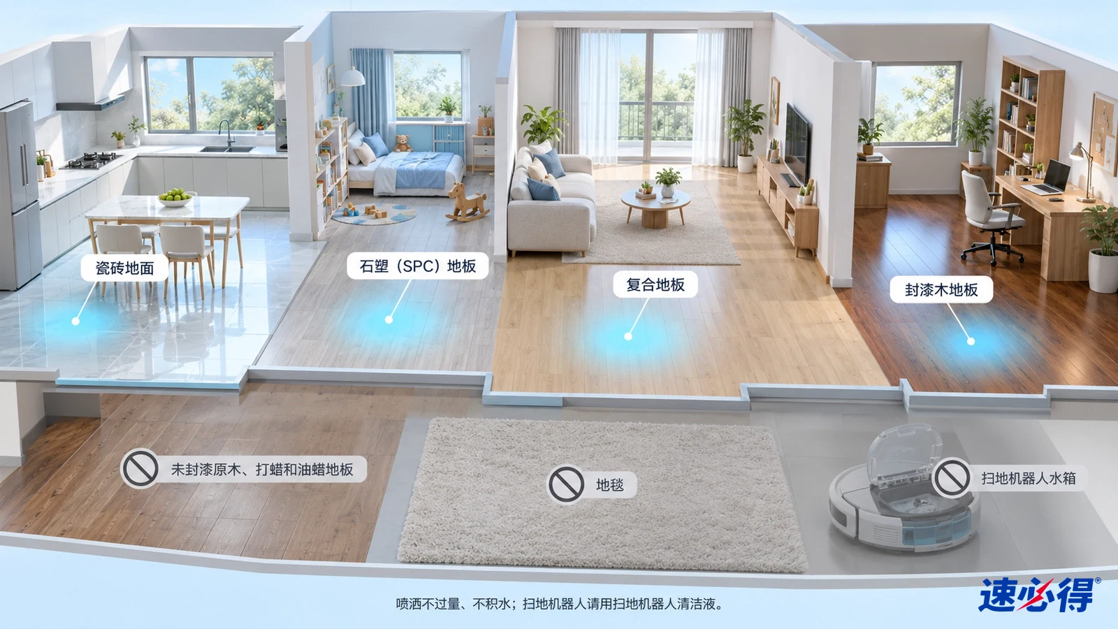 示意图：家居地板区域被突出显示，旁边列有材质和设备注意事项图标。
