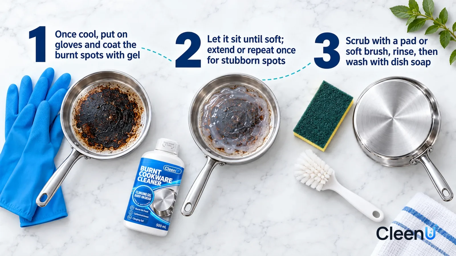 Illustration: CleenU Burnt Cookware Cleaner — an overhead shot straight down onto a light marble tabletop, no hands: (1) a pair of rubber gloves and a cooled small stainless pot with a b