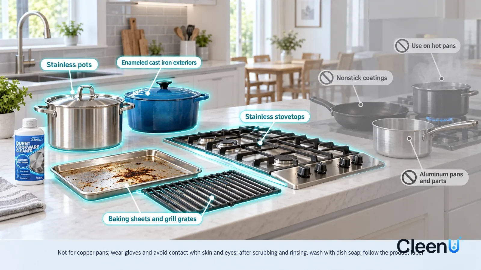 Illustration: CleenU Burnt Cookware Cleaner — A realistic 3D cutaway of a bright home's kitchen and dining area, one continuous space from one viewpoint,  a stainless stockpot