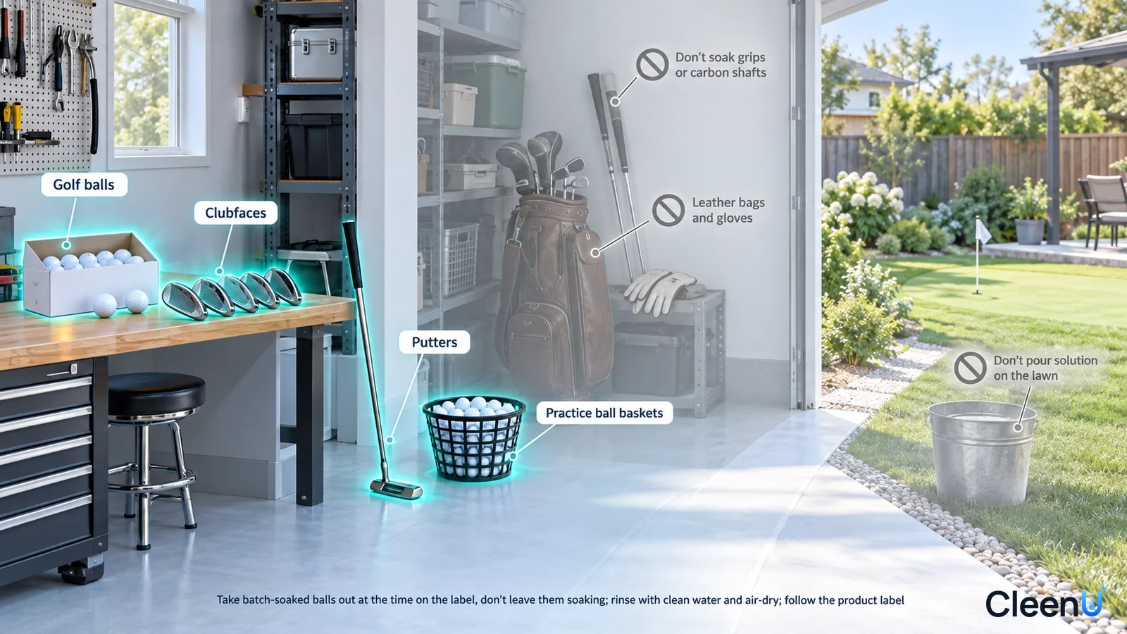 Illustration: Highlighted balls, clubs and baskets in a golf equipment room beside material precautions.