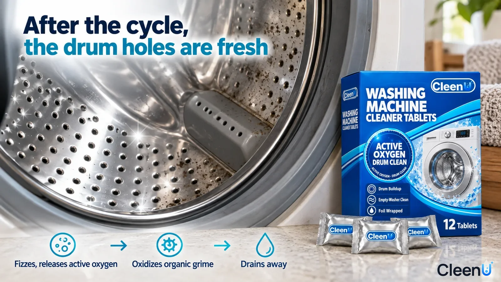 Illustration: Metal washer drum holes and residual marks beside a blue cleaner-tablet box and sachets.