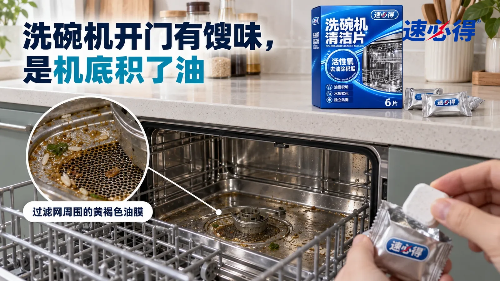示意图：速必得洗碗机清洁片——一个家常中式厨房，一台嵌入式洗碗机（无品牌标志）拉开门、下层碗篮拉出一半，里面空着