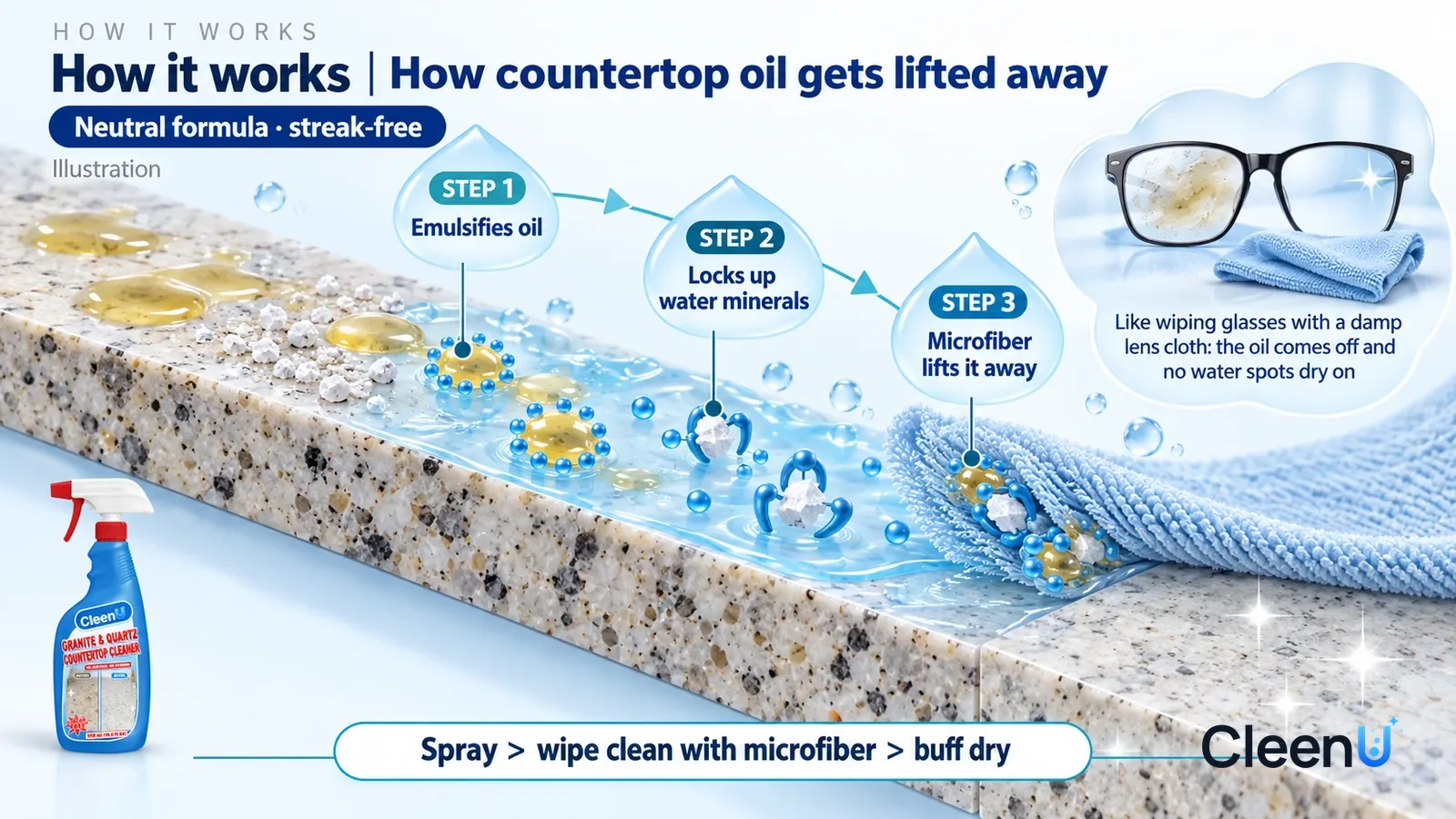 Illustration: CleenU Granite & Quartz Countertop Cleaner — an enormously magnified slice of a polished stone countertop runs diagonally from upper left to lower right, its surface a smooth