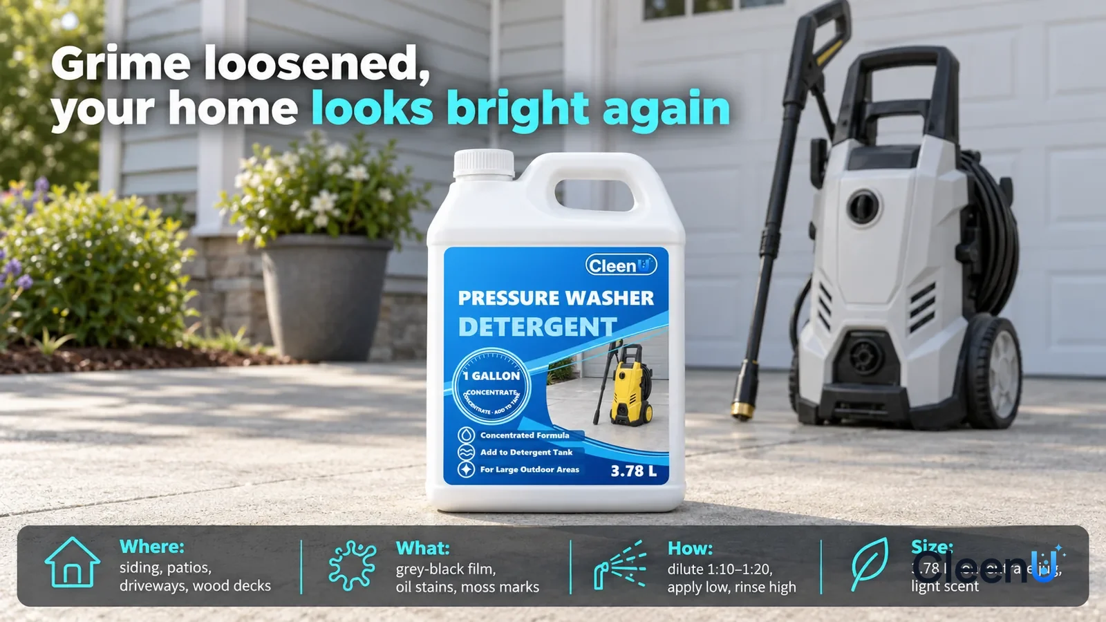 Illustration: CleenU Pressure Washer Detergent, white cap on, stands upright and centered on clean pale grey concrete in front of the garage