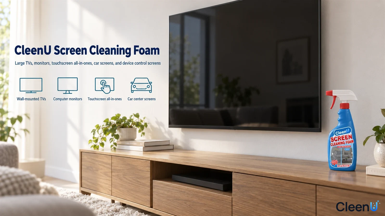 Illustration: A blue bottle beside a wall-mounted television and wooden console with use icons.