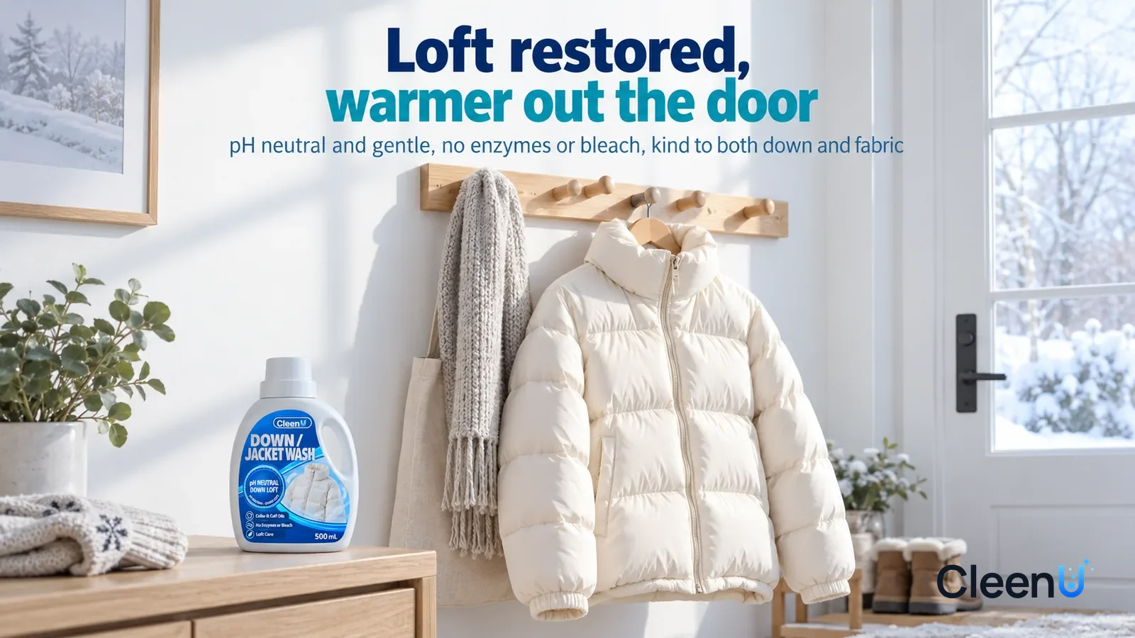 Illustration: CleenU Down Jacket Wash — A bright winter-morning entryway, a light-colored down jacket with no brand marks hanging lofty on a wooden hanger Headline: "Loft restored, warmer out the door