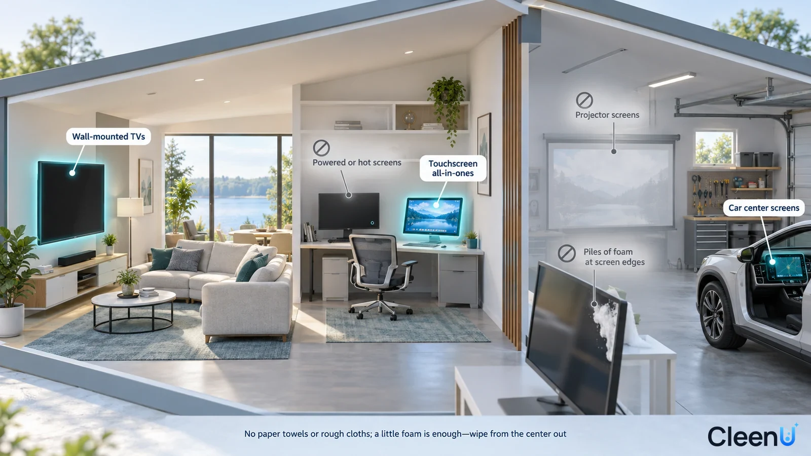Illustration: Highlighted home, office and vehicle screens beside equipment precautions.
