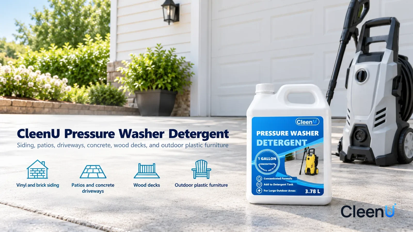 Illustration: CleenU Pressure Washer Detergent — The front of a bright, clean house, the pale siding even and clean, the pale grey concrete driveway clean