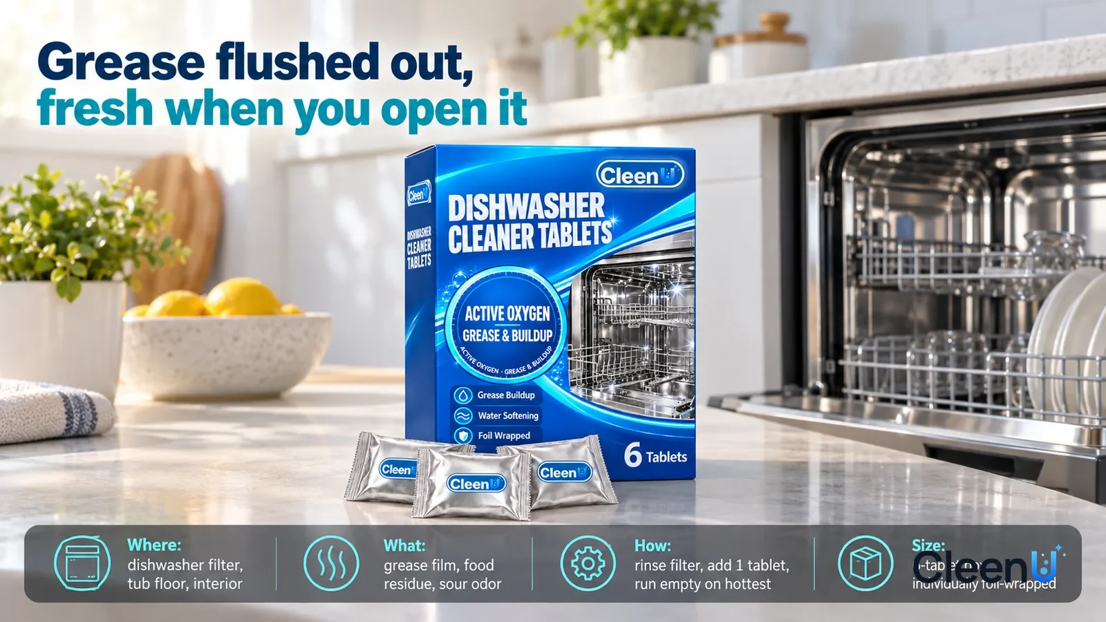 Illustration: CleenU Dishwasher Cleaner Tablets carton stands upright and centered on the kitchen counter, a silver foil pouch in front of it