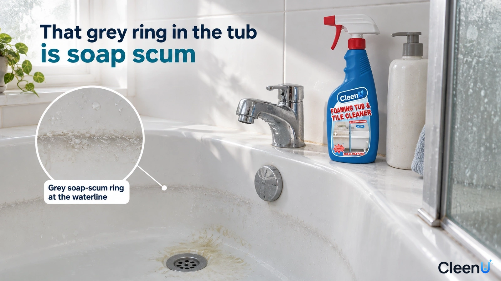Illustration: A gray soap-scum ring near the waterline of a white bathtub beside a faucet and blue cleaner bottle.