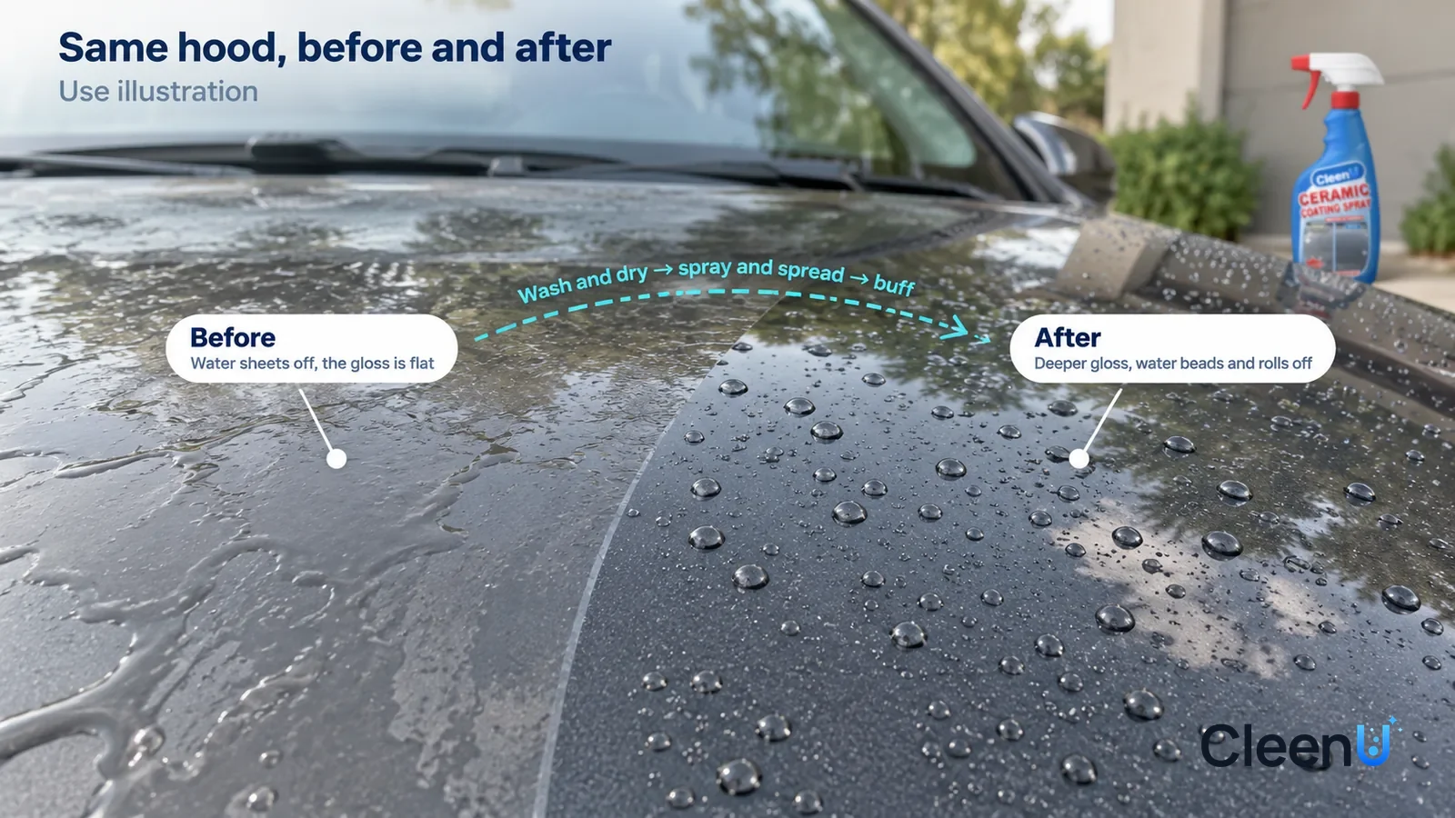 Illustration: CleenU Ceramic Coating Spray — A full-screen low-angle close-up of a dark grey hood in soft shaded daylight, no bottle