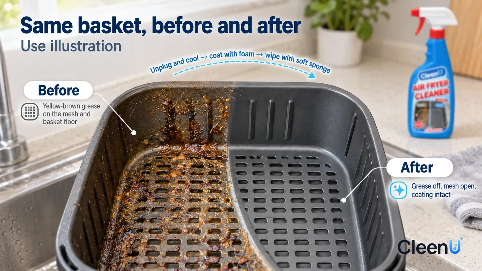 Illustration: CleenU Air Fryer Cleaner — A full-screen overhead close-up of a dark grey nonstick basket on the counter by the sink, in the same side light