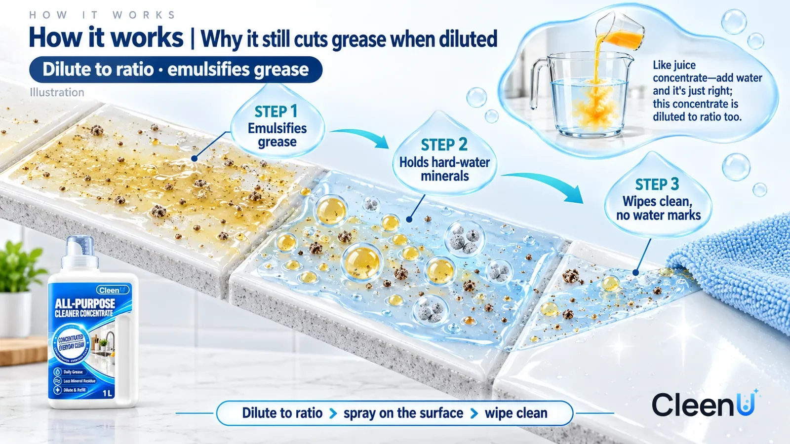 Illustration: CleenU All-Purpose Cleaner Concentrate — keep the same white quartz kitchen counter, white glazed backsplash and pale-blue microfiber cloth; show ordinary thin cooking-oil film