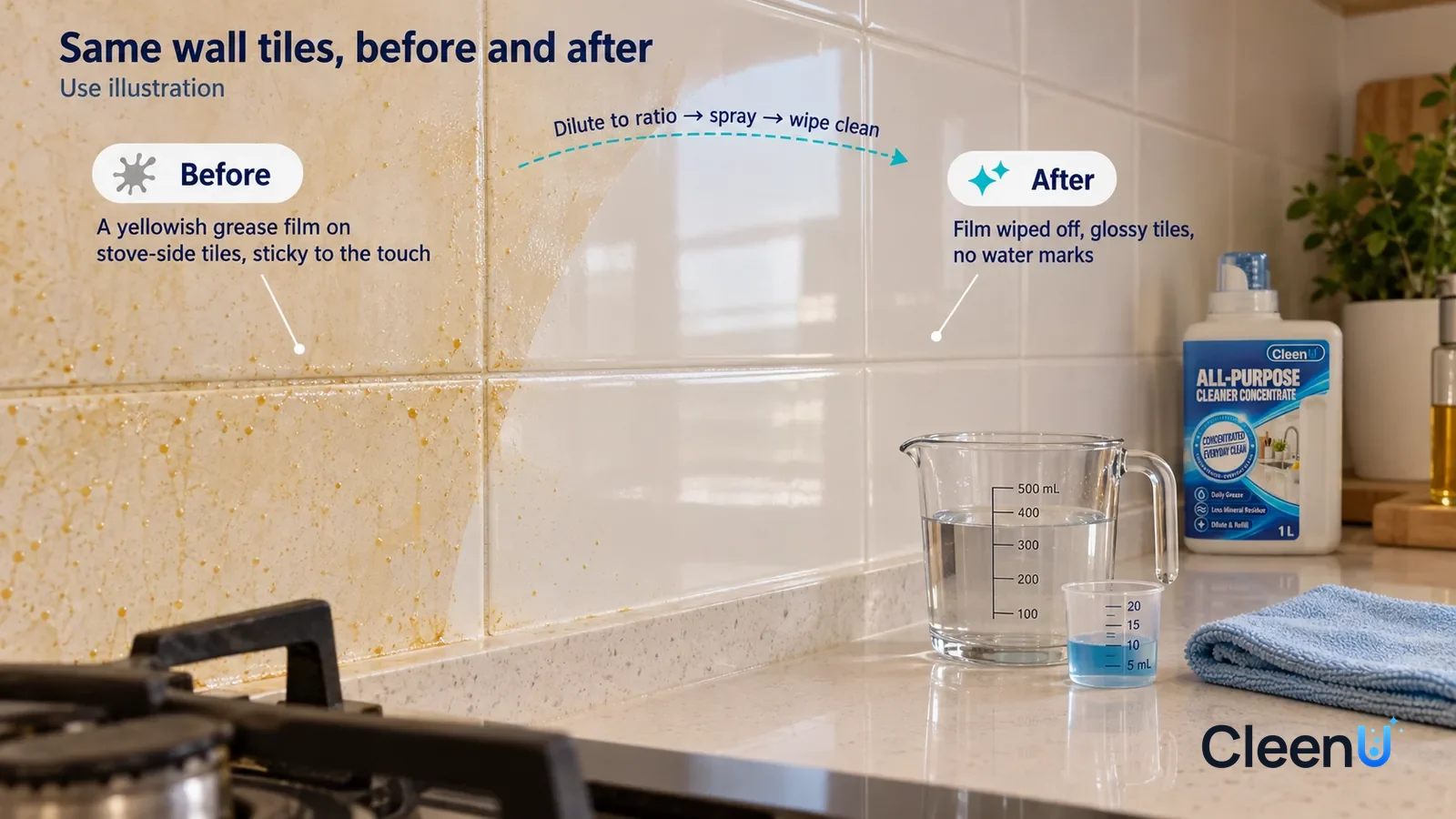 Illustration: CleenU All-Purpose Cleaner Concentrate — no soil residue or faint marks, preserving the material’s natural finish