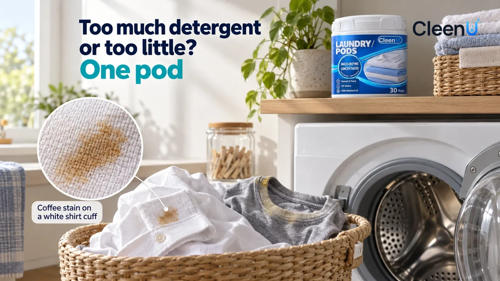 Illustration: CleenU Laundry Pods — A bright home laundry room, a laundry basket in front of a front-loading washer (no brand marks)