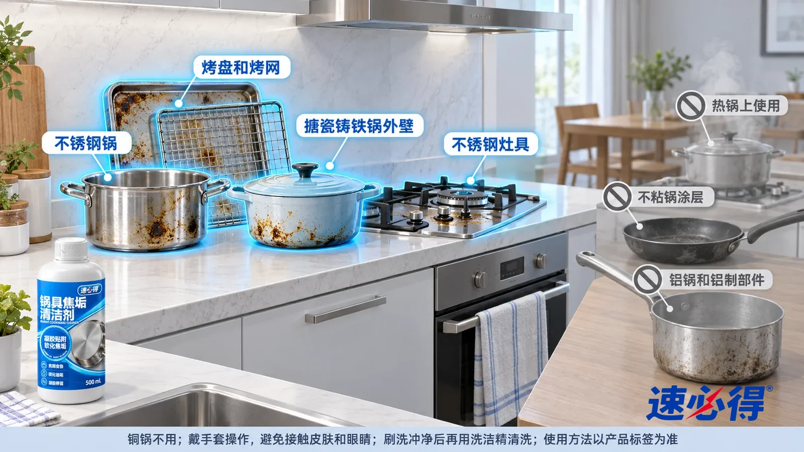 示意图:速必得锅具焦垢清洁剂——一张写实 3D 剖面实景图,一套明亮的家的厨房和餐厅区域,连续空间、一个视角,不锈钢汤锅、搪瓷铸铁锅外壁、烤盘和烤网
